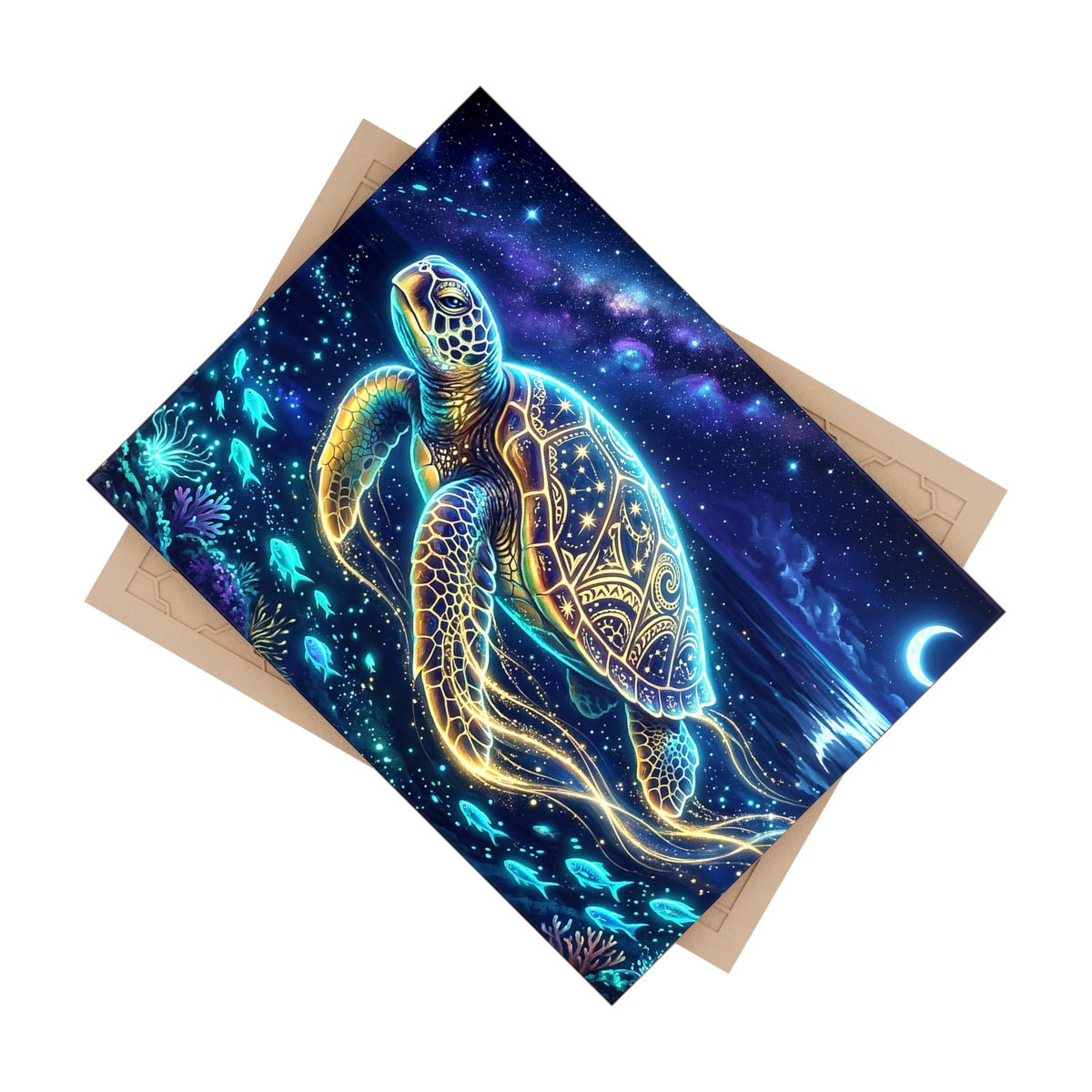 Sea Turtle Ceramic Photo Tile — Glowing Night Ocean Wall Art