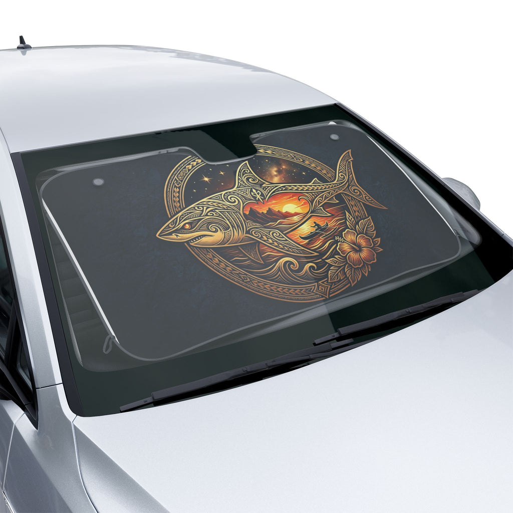 Shark Sunset Car Sun Shade — Nautical Tribal Design UV Windshield Cover