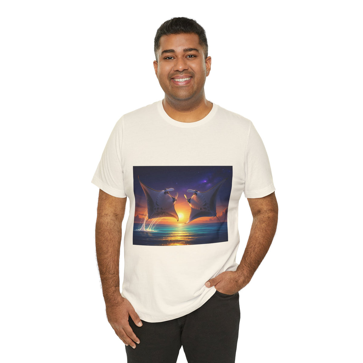 Sunset Manta Rays Graphic Tee — Ocean Sunset Dolphin-Style Art Shirt