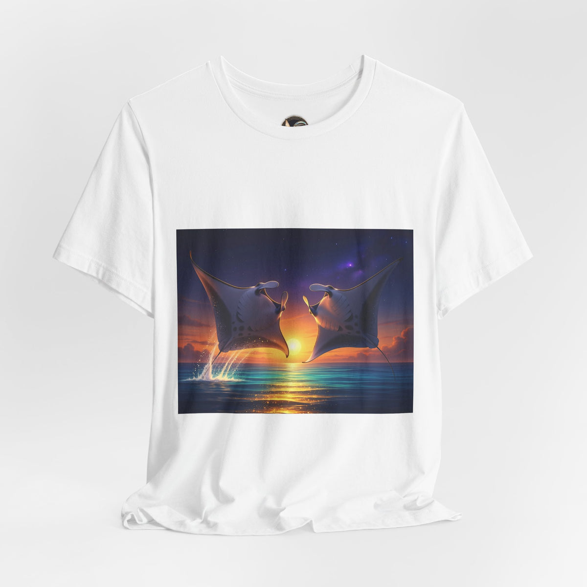 Sunset Manta Rays Graphic Tee — Ocean Sunset Dolphin-Style Art Shirt