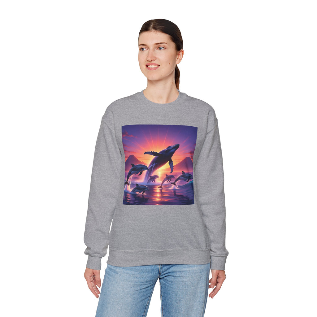 Whale Sunset Crewneck Sweatshirt — Ocean Dolphin Jump Graphic