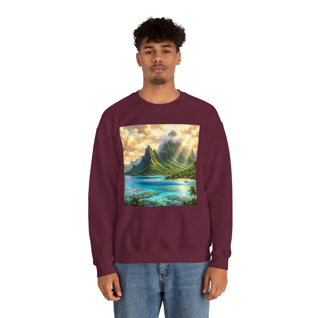 Tropical Island Crewneck Sweatshirt — Scenic Beach Landscape Pullover