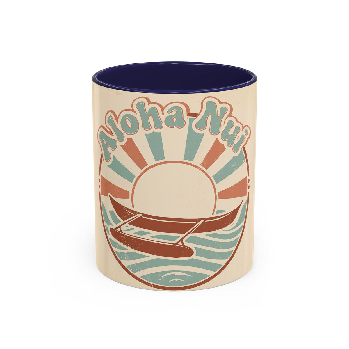 Aloha Nui Coffee Mug — Retro Hawaiian Canoe Sunset Accent Mug (11/15oz)