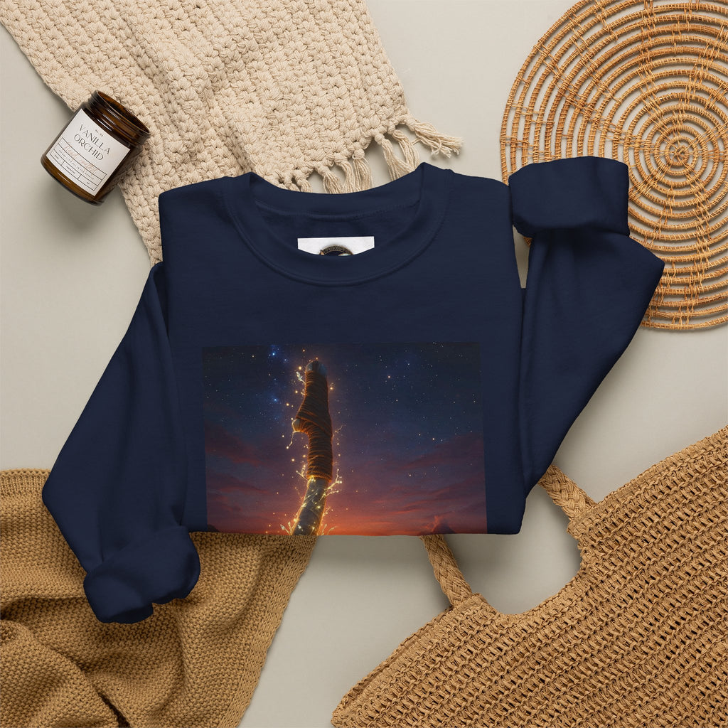 Crewneck Sweatshirt — Fiery Hook Graphic Crewneck (Stormy Sunset, Flaming Fish Hook)