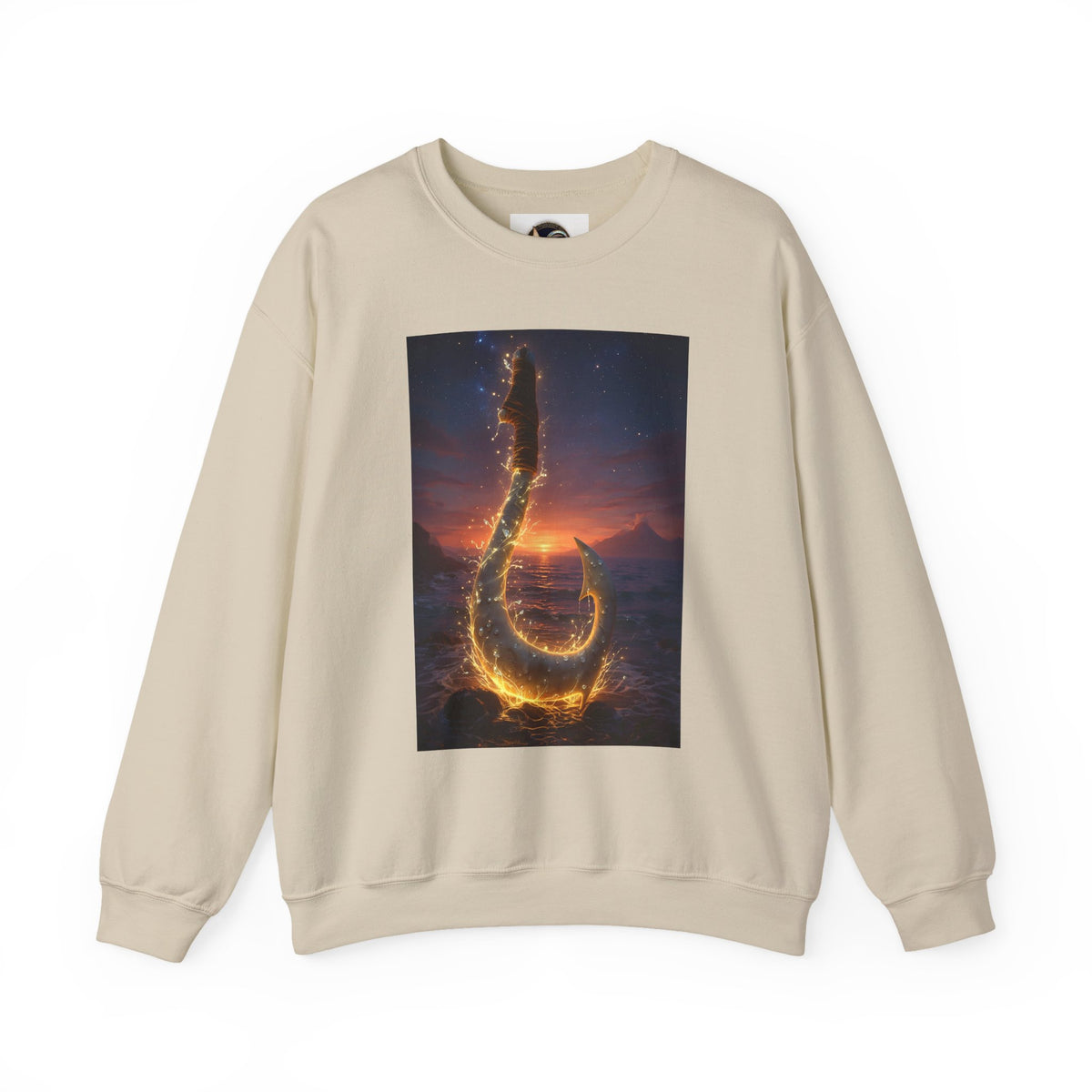 Crewneck Sweatshirt — Fiery Hook Graphic Crewneck (Stormy Sunset, Flaming Fish Hook)