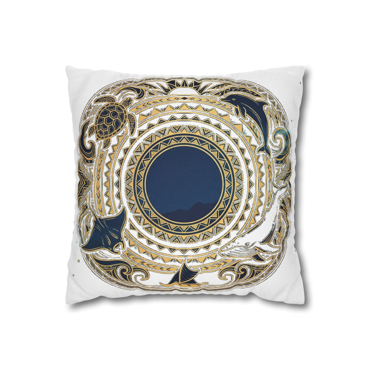 Nautical Mandala Throw Pillow — Gold & Navy Sea animals Polynesian Design