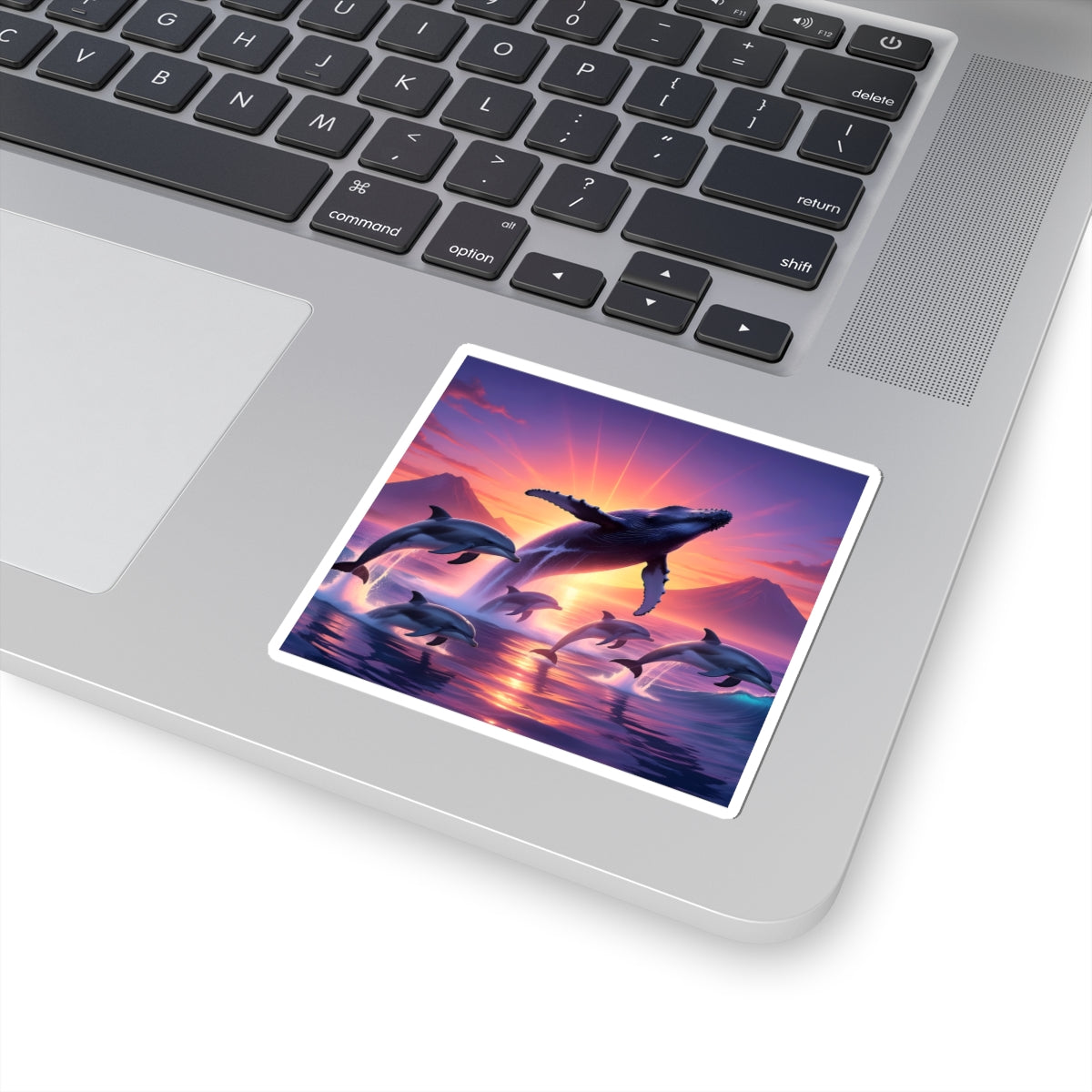 Whale & Dolphin Sunset Sticker — Ocean Sunrise Kiss-Cut Decal for Laptops & Water Bottles