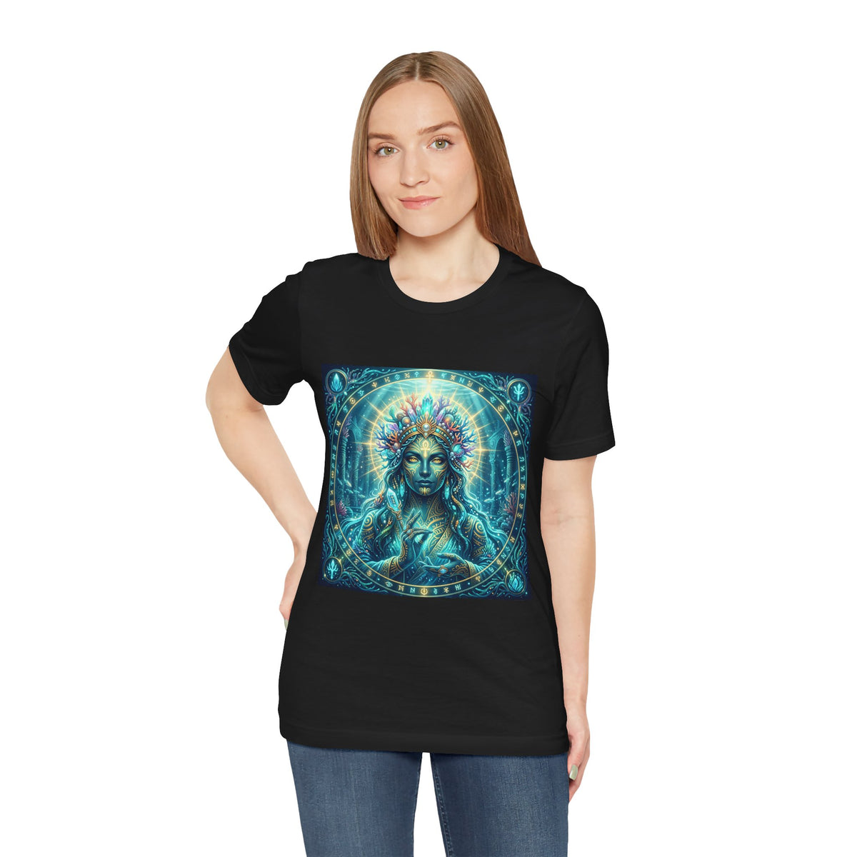 Mystic Goddess Art Tee — Celestial Blue Spiritual Graphic T-Shirt