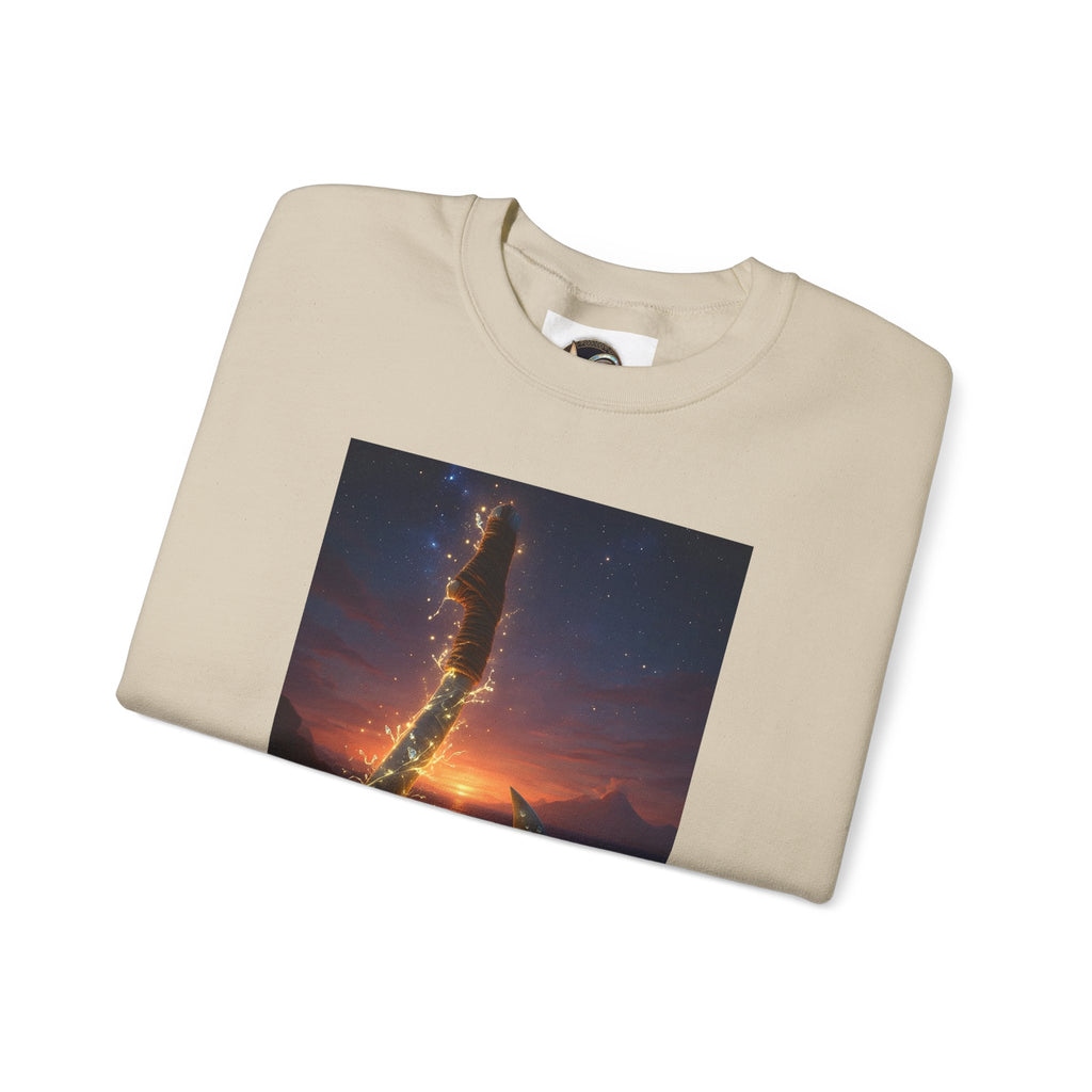 Crewneck Sweatshirt — Fiery Hook Graphic Crewneck (Stormy Sunset, Flaming Fish Hook)