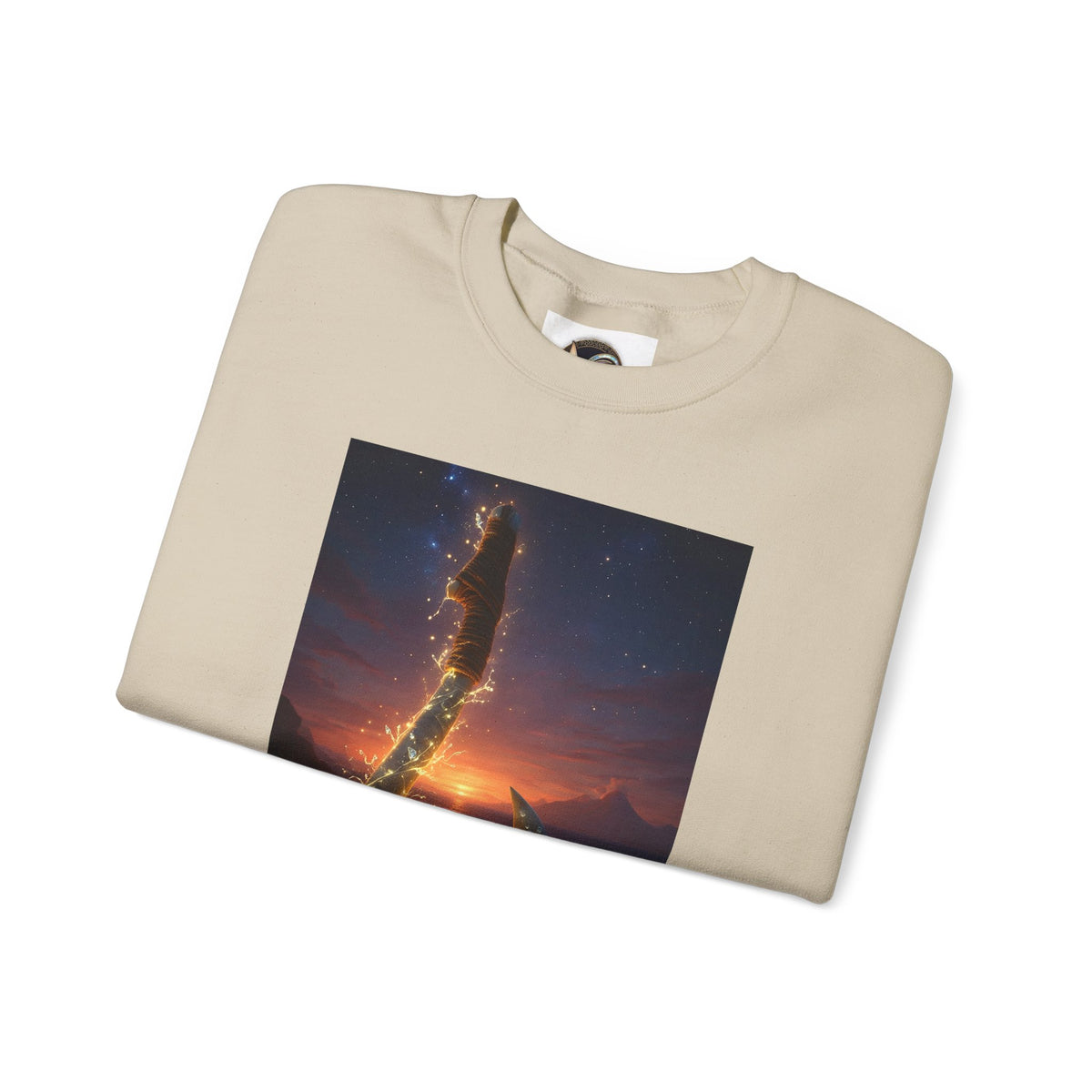 Crewneck Sweatshirt — Fiery Hook Graphic Crewneck (Stormy Sunset, Flaming Fish Hook)