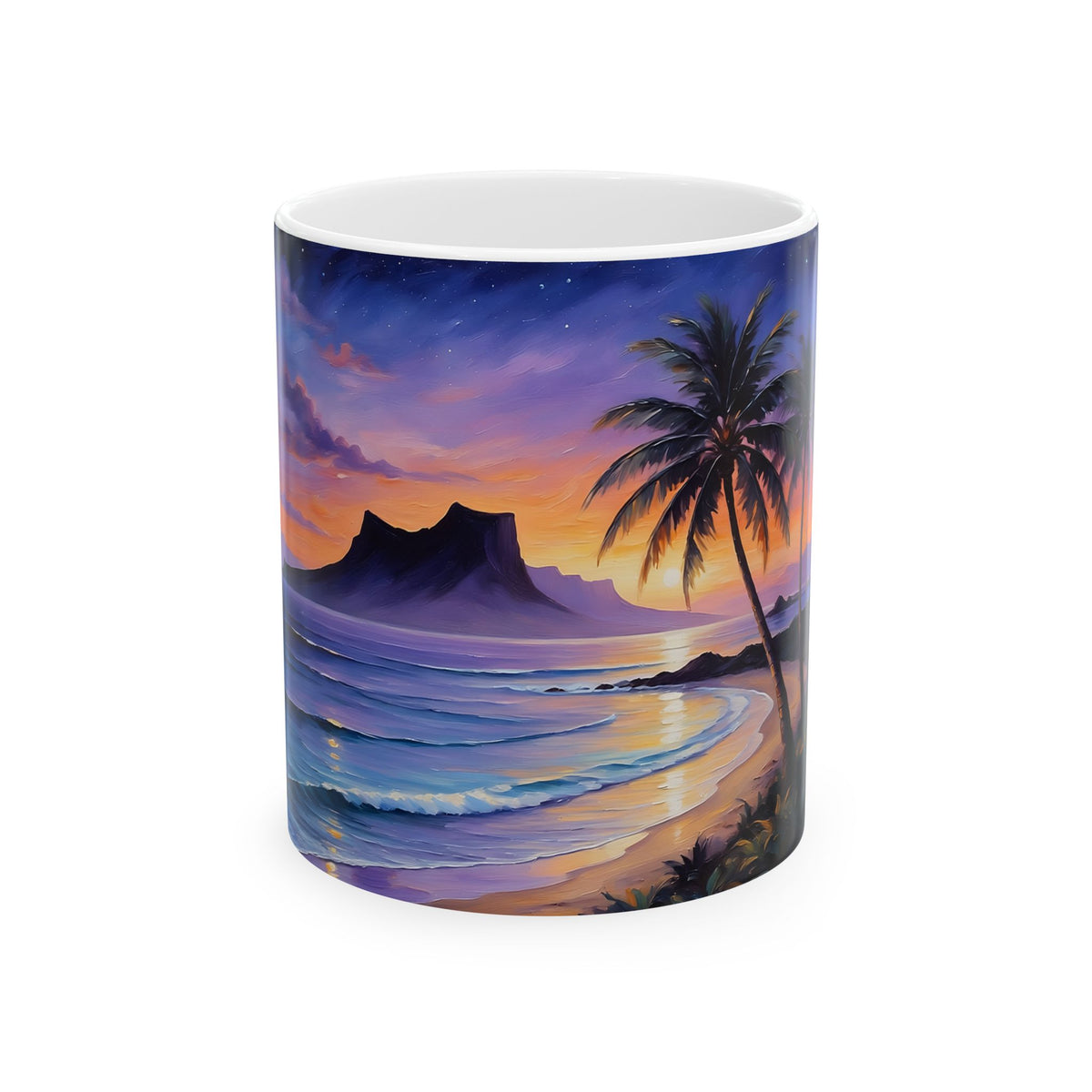 Sunset Beach Ceramic Mug — Tropical Palm Coastwave Coffee Cup (11oz, 15oz)