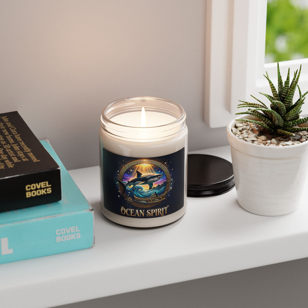 Ocean Spirit Scented Soy Candle — 9oz Aromatherapy Candle with Shark & Sunset Design