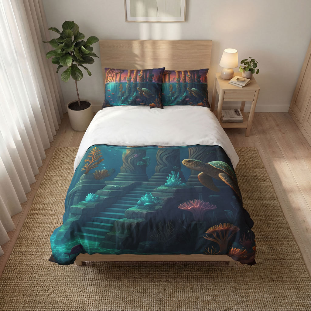 Underwater Ruins Quilt Cover Set — Sea Turtle & Ocean Temple Bedding (3-Piece)
