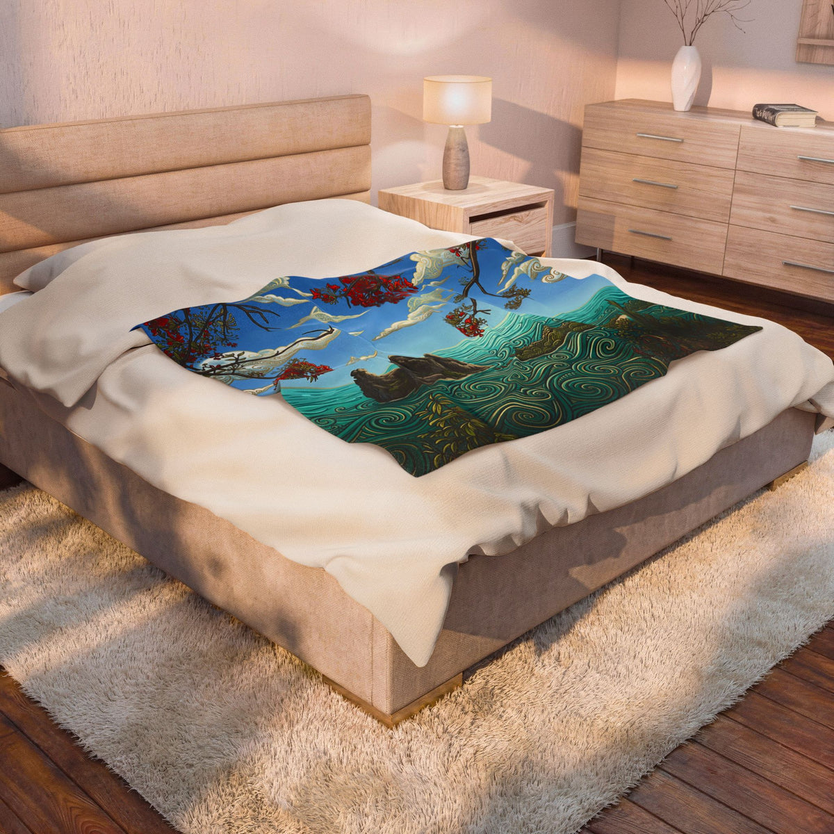 Velveteen Plush Blanket — Tranquil Coastal Art Throw with Floral & Swirling Ocean Design
