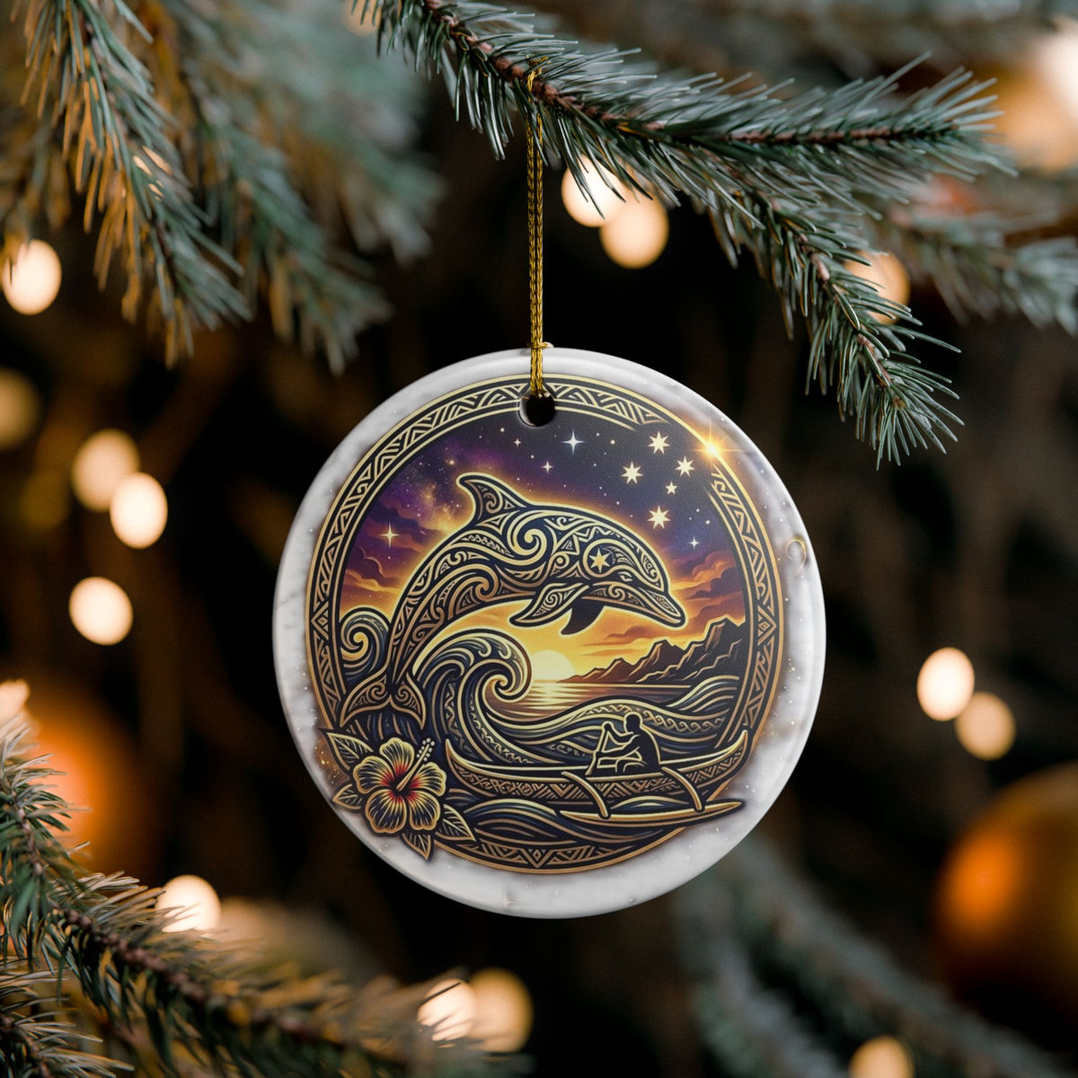 Ceramic Ornament — Nautical Dolphin Sunset Decorative Hanging Ornament