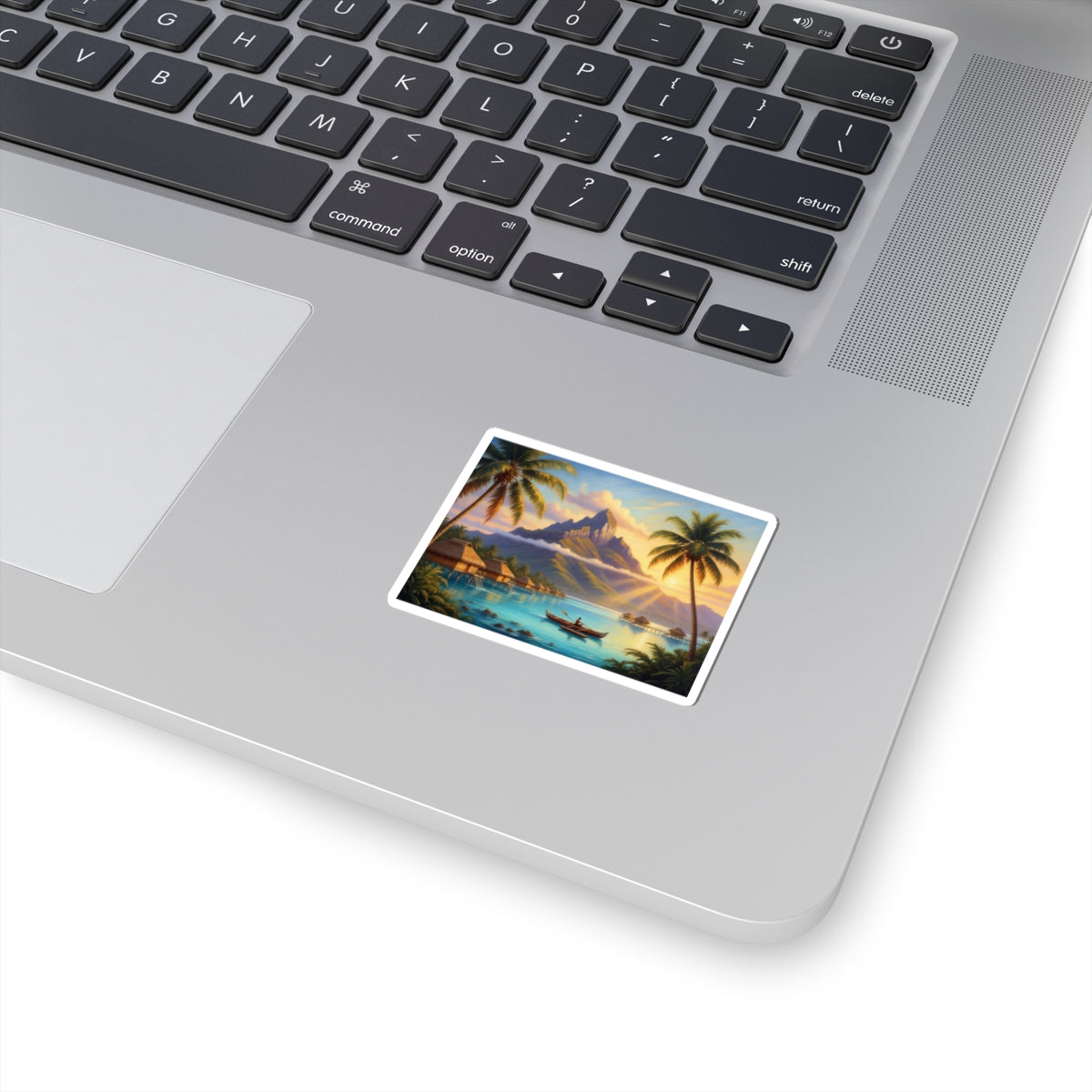 Tropical Island Sunset Sticker — Vintage Polynesian Beach Scene Kiss-Cut Sticker