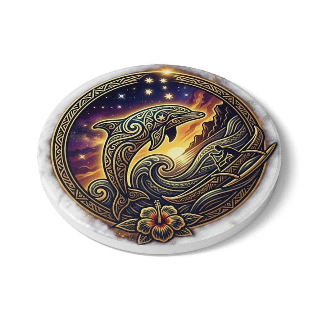Dolphin Sunset Ceramic Coaster – Nautical Tribal Dolphin Drink Coaster