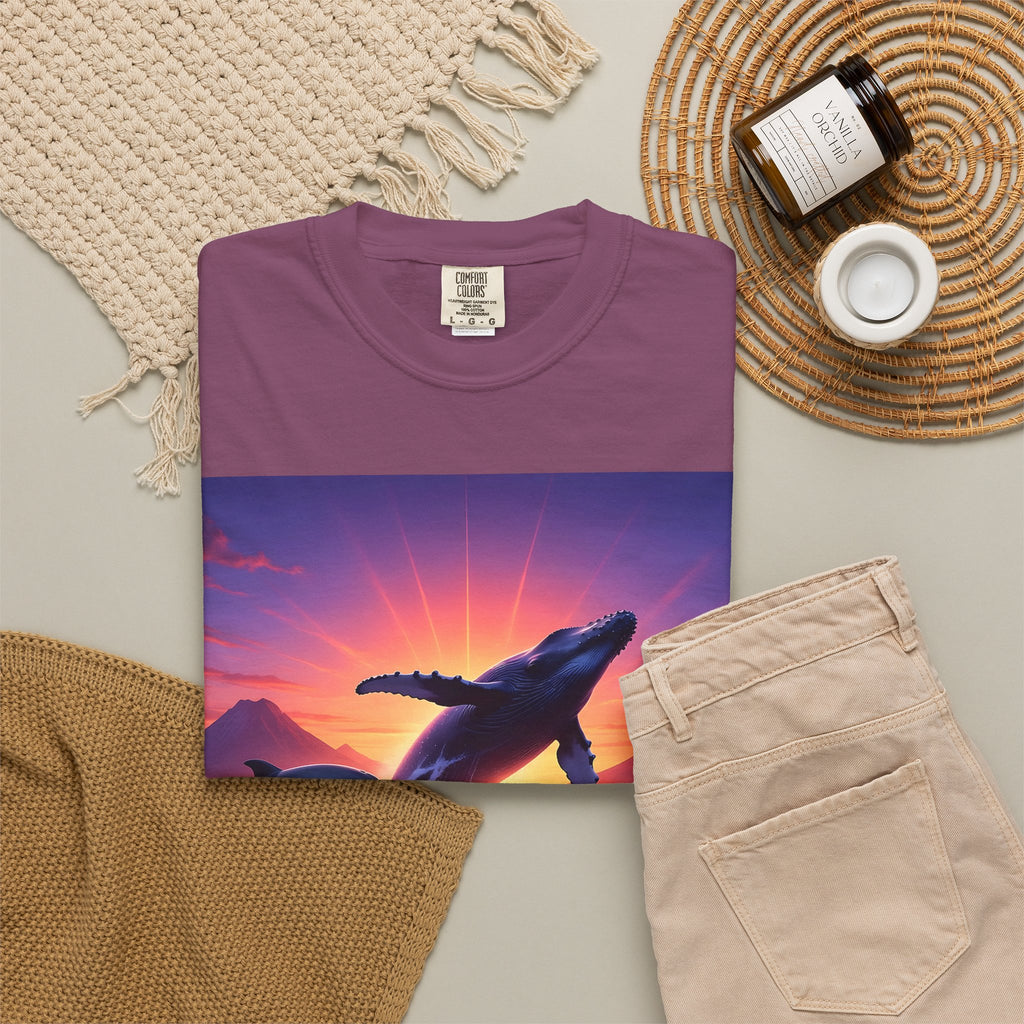 Sunset Whale & Dolphins T-Shirt — Vintage Ocean Sunset Graphic Tee