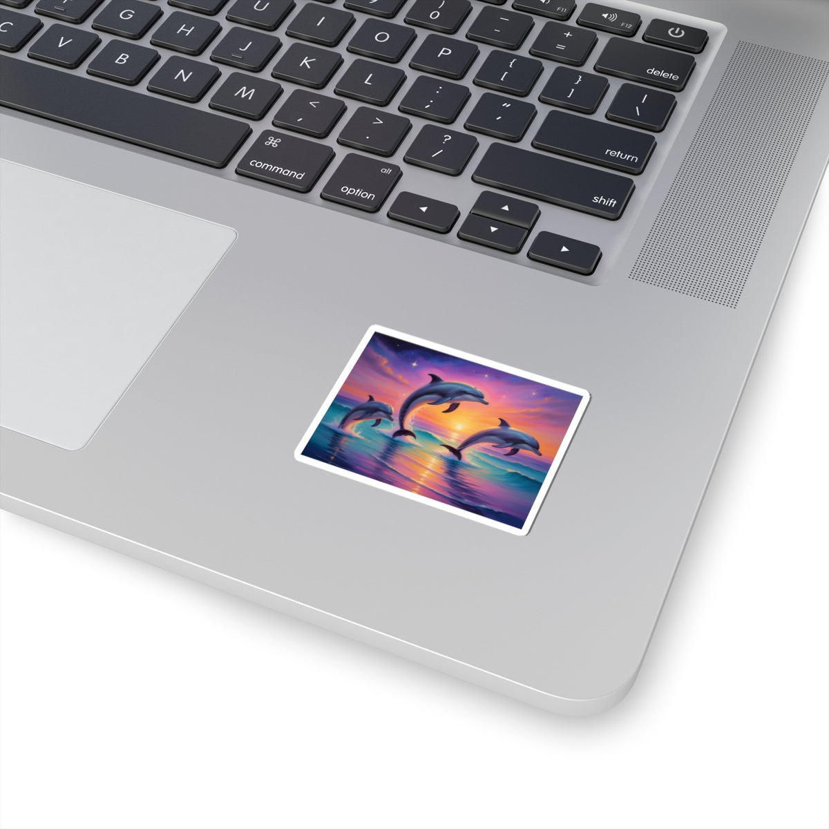 Dolphin Sunset Kiss-Cut Sticker — Vibrant Ocean Sunset Dolphin Decal