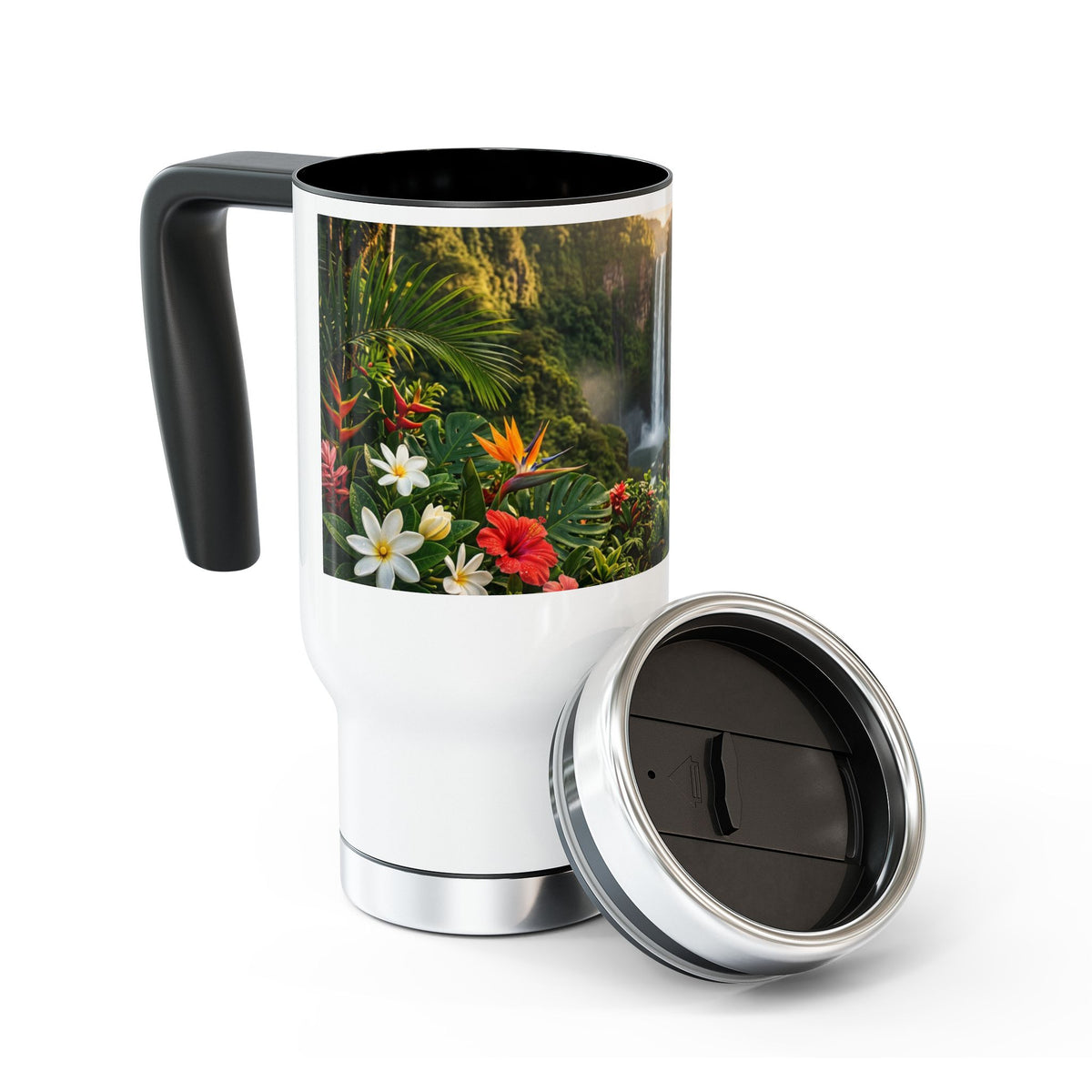 Tropical Waterfall Travel Mug — 14oz Stainless Steel Insulated Mug with Handle