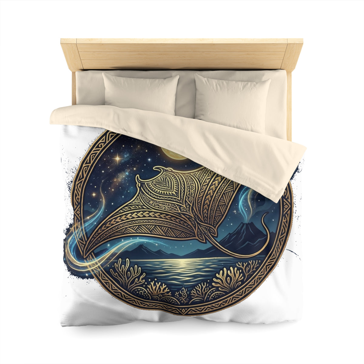 Celestial Manta Ray Duvet Cover — Nautical Moonlight Ocean Bedding