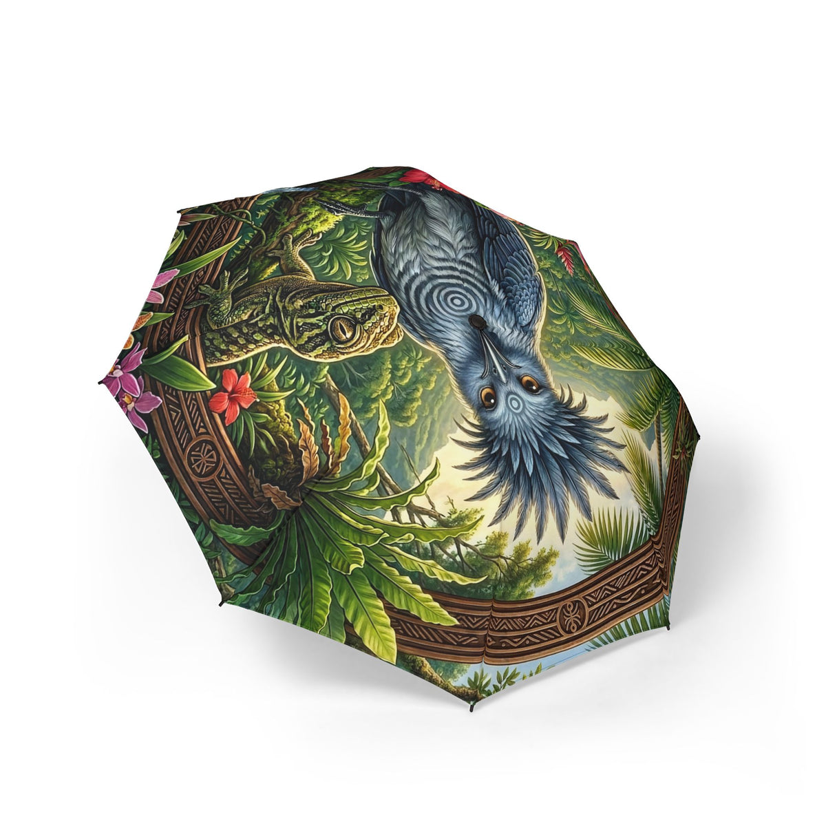 Tropical Bird Compact Umbrella — Foldable Semi‑Automatic Rain Umbrella with Exotic Parrot & Hibiscus Design
